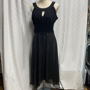 Signature by Sangria size 10 Black Keyhole Midi Dress asymmetrical hem shimmer